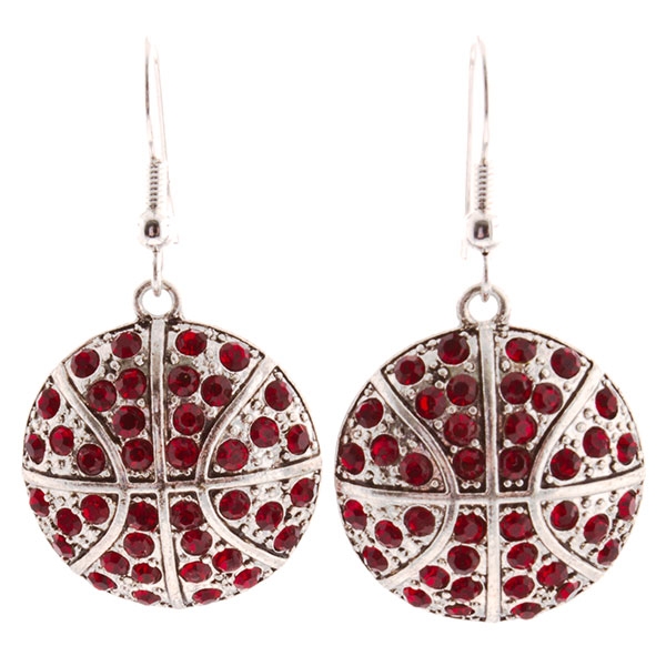 Wholesale silver basketball earrings dark red rhinestones
