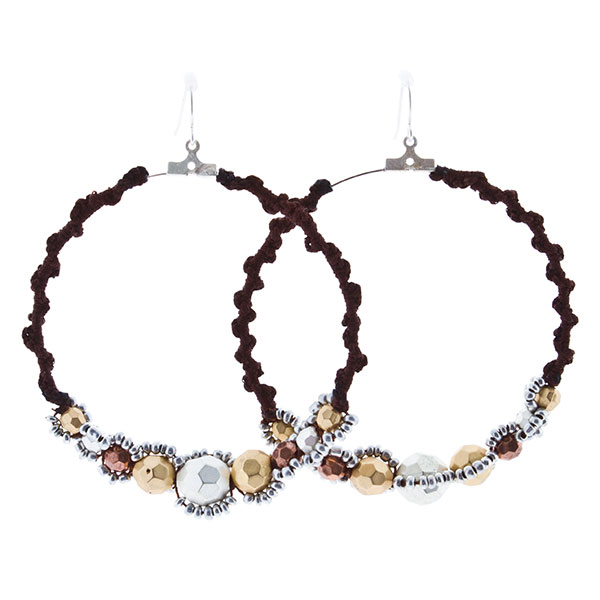 Wholesale inch silver hoop earrings dark brown braided rope brushed tri beads s