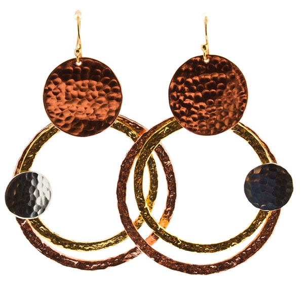 Wholesale double hoop earrings hammered copper silver medallions
