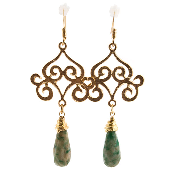 Wholesale gold chandelier earrings deep green teardrops