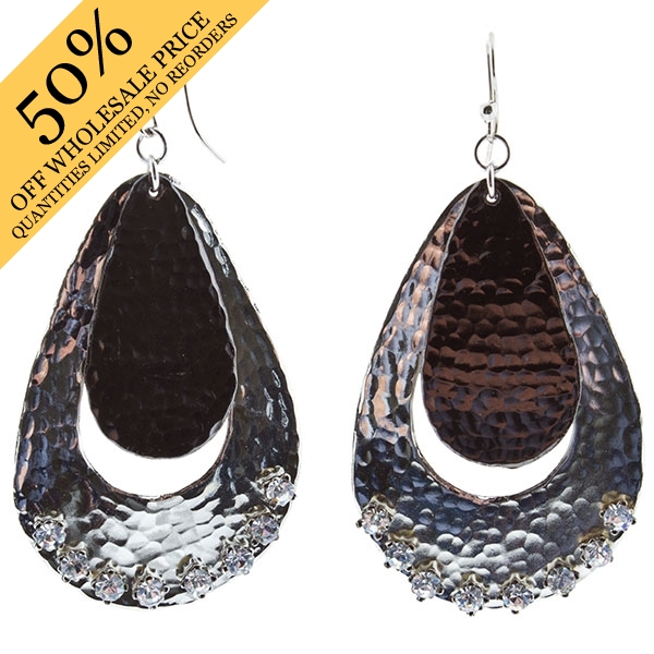 Wholesale inch tear drop hammered metal earrings polished silver hematite tones