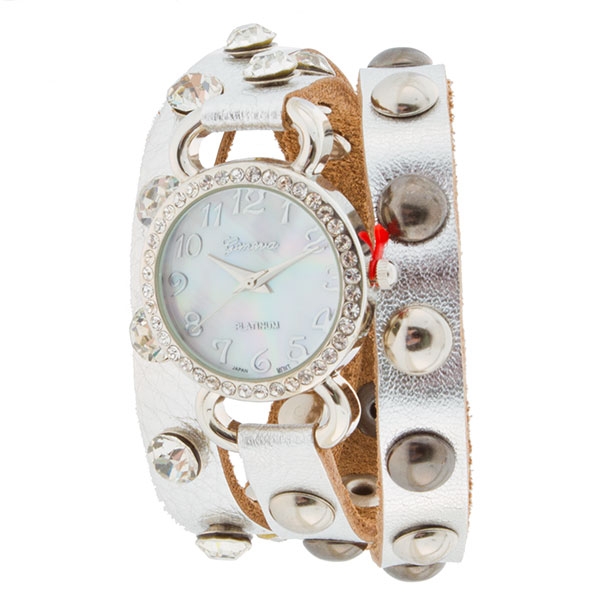 Wholesale polished silver wrap band watch large crystal rhinestones hematite stu