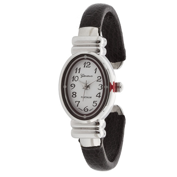 Wholesale classic Polished silver black faux leather cuff bangle watch Dial whit