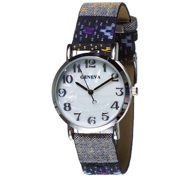 Wholesale silver Geneva watch mother pearl multicolored fabric wrapped band