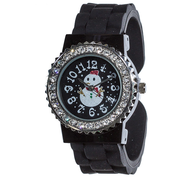 Wholesale black silicone cuff watch inch round snowman watch crystal rhinestones
