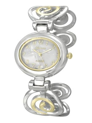 Polished Gold and Silver Tone Spiral Design Cuff Bangle Watch. Mother of Pearl Dial. Polished Gold Tone Numbers and 3 Hands. (Watch head is approx. 1.51 in L x 1.29 in W. Dial is approx. 0.72 in L x 0.91 in W)