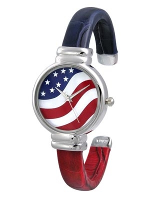 Wholesale patriotic Red Blue Cuff Watch Stars Stripes Dial Polished Silver Hands
