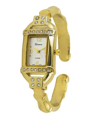 Wholesale polished Gold Cuff Bangle Watch Silver Dial Gold Hands Numbers Clear R