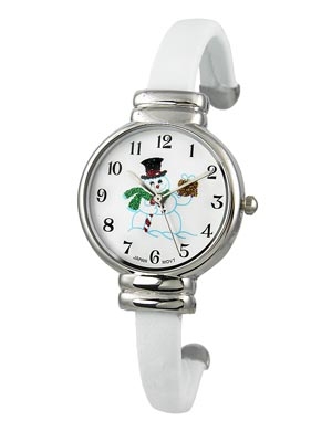 Wholesale white Cuff Bangle Watch w Glitter Snowman White Dial Black Numbers Pol