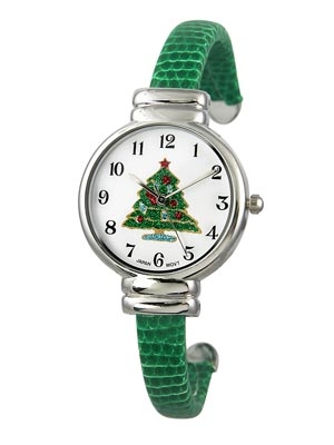 Wholesale green Cuff Bangle Watch w Glitter Christmas Tree White Dial Black Numb