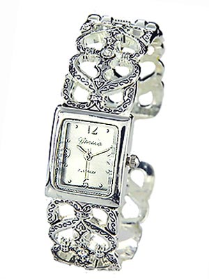 Wholesale antique Polished Silver Cuff Bangle Watch Simulated Rhinestones Band B