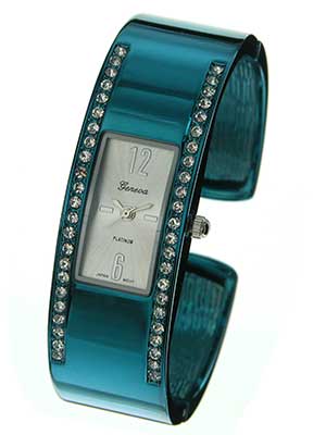 Wholesale blue Silver Cuff Bangle Watch CZs Brushed Silver Dial Polished Silver