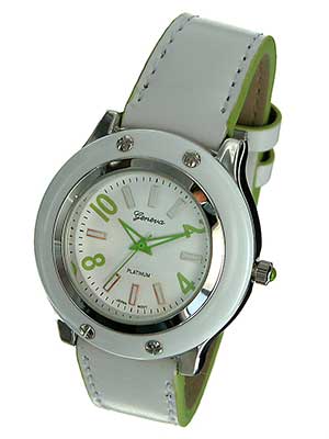 Wholesale white Watch Matching Leather like Band Green Side Trim Numerals White