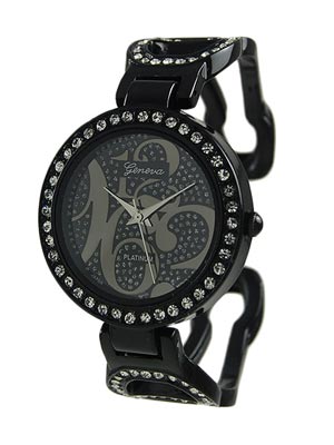 Wholesale black Metal Cuff Bangle Watch CZs Band Black Dial Polished Silver Hand