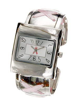 Wholesale pink Ribbon Awareness Cuff Bangle Watch Pink Fabric Weaves Polished Si