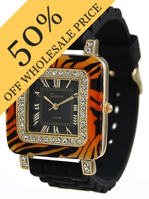Wholesale rubber feel Black Band Watch Brown Tiger CZs Black Dial Silver Markers