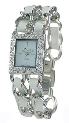 Wholesale polished Silver Link Watch Numerous CZs White Leather Like Weave Band