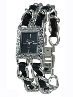 Wholesale polished Silver Link Watch Numerous CZs Black Leather Like Weave Band