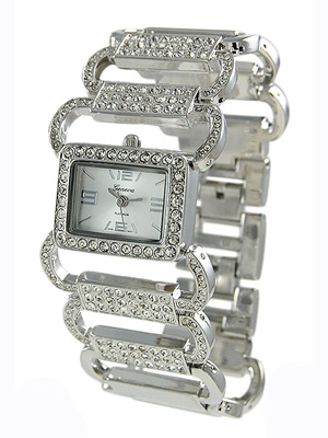 Wholesale polished Silver Oblong Links CZs Tri fold Connecting Band Watch Stainl