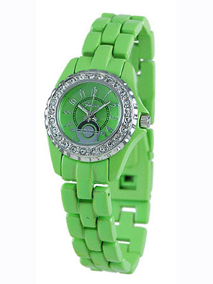 Wholesale lime Green Metal Band Watch Polished Silver Dial Trim CZs Locking Clas