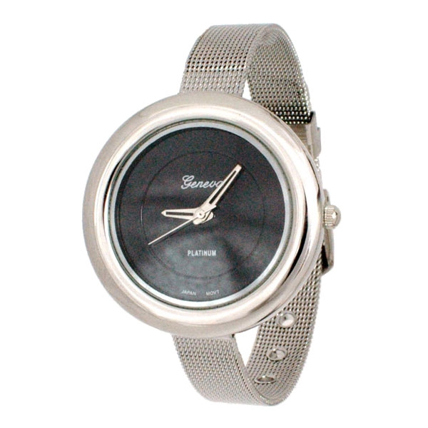 Wholesale silver metal stretch watch band large circular black watch Simple eleg