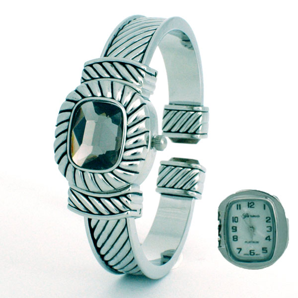 Wholesale polished silver metal band watch engraved weave black onyx watch cover