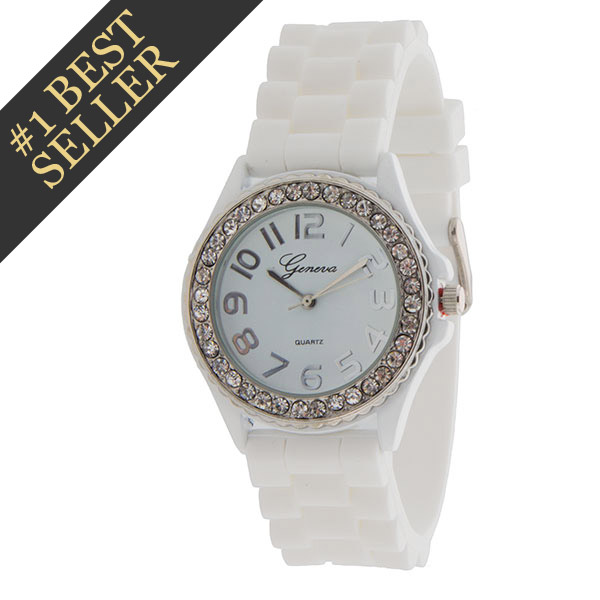 Wholesale white silicone stone rubber watch band crystal rhinestones silver surr
