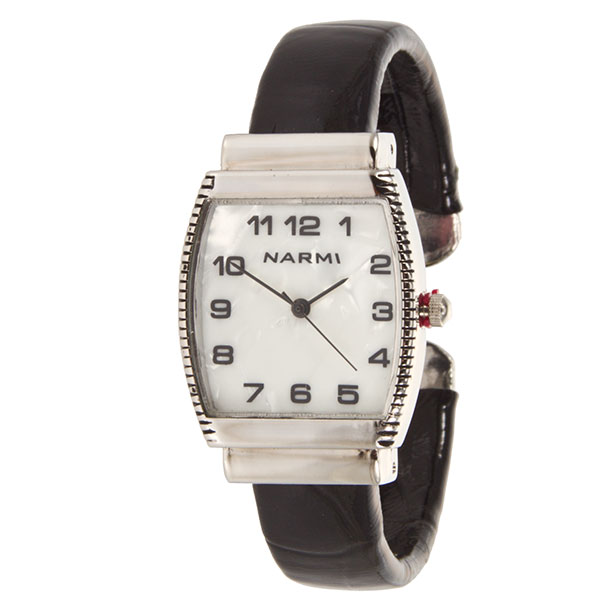 Wholesale silver hinged band watch faux black leather covering mother pearl inla