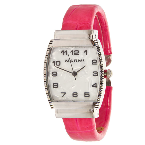 Wholesale silver hinged band watch faux pink leather covering mother pearl inlay