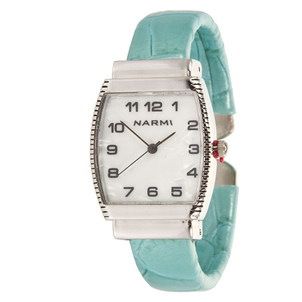 Wholesale silver hinged band watch faux aqua marine leather covering mother pear