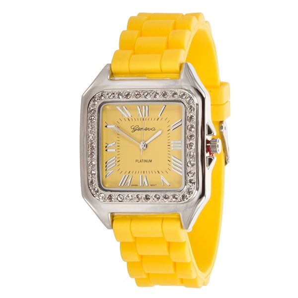 Wholesale yELLOW Large Silicone stone rubber watch band stainless steel edging c