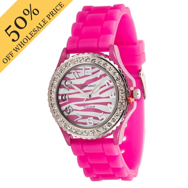 Wholesale hOT PINK zebra print Large Silicone stone rubber watch band crystal rh