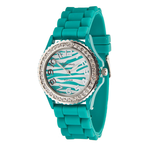 Wholesale tEAL zebra print Large Silicone stone rubber watch band crystal rhines