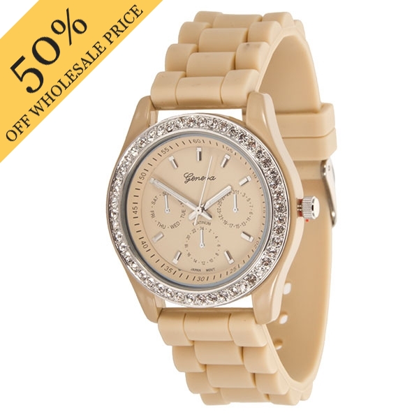 Wholesale bEIGE LARGER Silicone stone rubber watch band crystal rhinestones surr