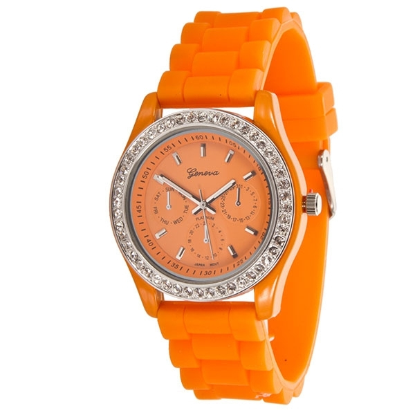 Wholesale orange Silicone watch crystal rhinestones surrounding INCH Stainless s