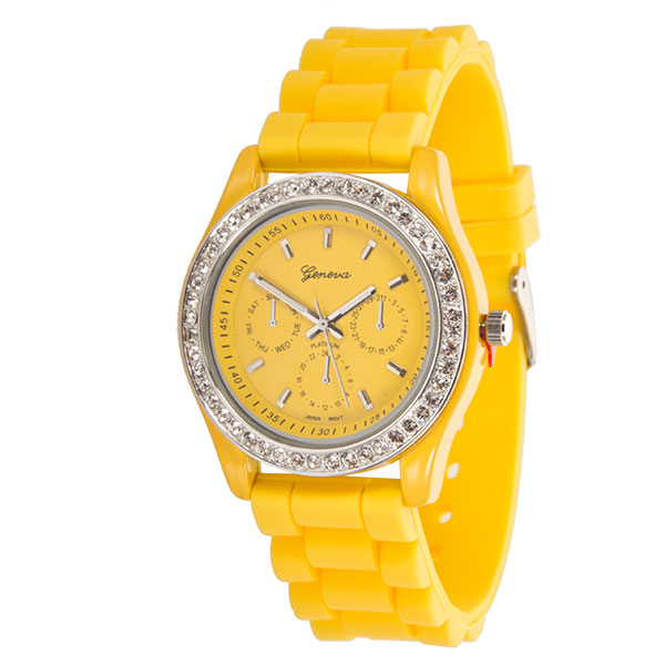 Wholesale yELLOW LARGER Silicone stone rubber watch band crystal rhinestones sur