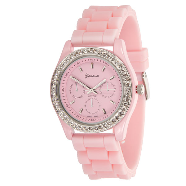 Wholesale lIGHT PINK LARGER Silicone stone rubber watch band crystal rhinestones