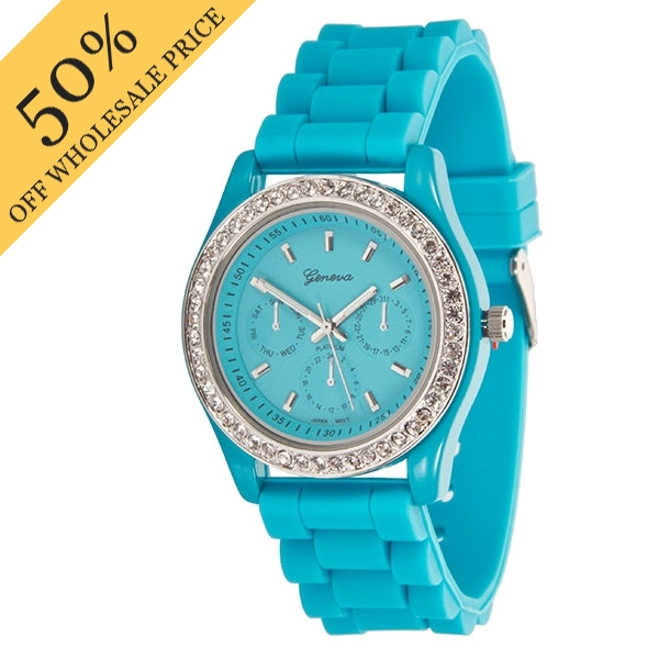 Wholesale aQUA LARGER Silicone stone rubber watch band crystal rhinestones surro