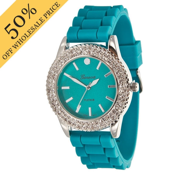 Wholesale tEAL LARGER Silicone stone rubber watch band crystal rhinestones surro