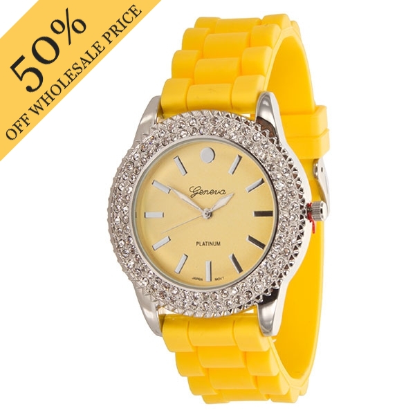Wholesale yELLOW LARGER Silicone stone rubber watch band crystal rhinestones sur