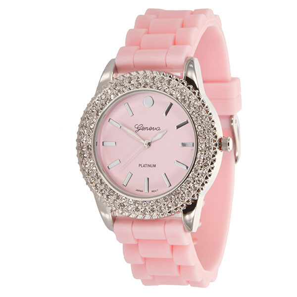 Wholesale lIGHT PINK LARGER Silicone stone rubber watch band crystal rhinestones