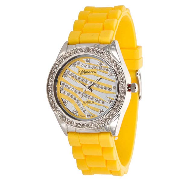 Wholesale yELLOW zebra print Large Silicone stone rubber watch band crystal rhin