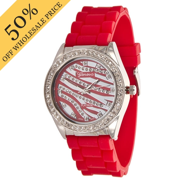 Wholesale rED zebra print Large Silicone stone rubber watch band crystal rhinest