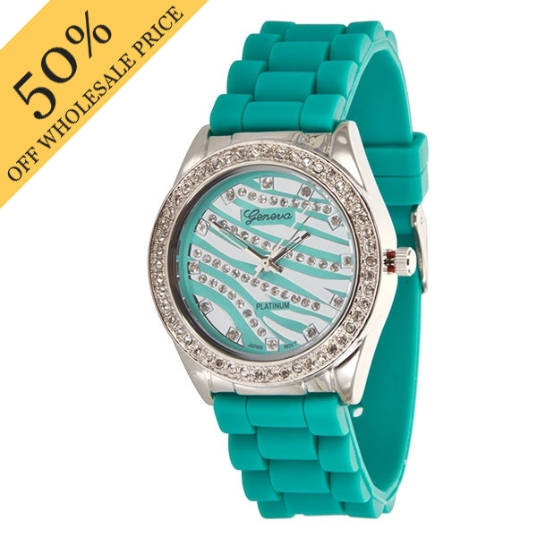 Wholesale tEAL zebra print Large Silicone stone rubber watch band crystal rhines