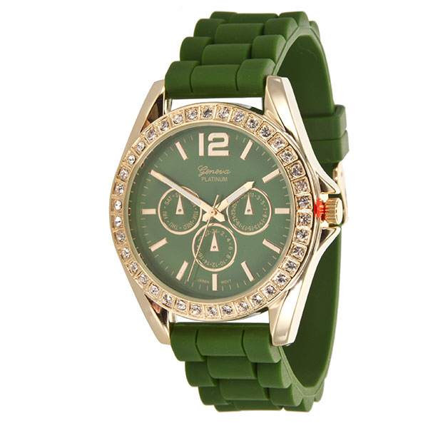 Wholesale eVERGREEN gold details LARGER Silicone stone rubber watch band crystal
