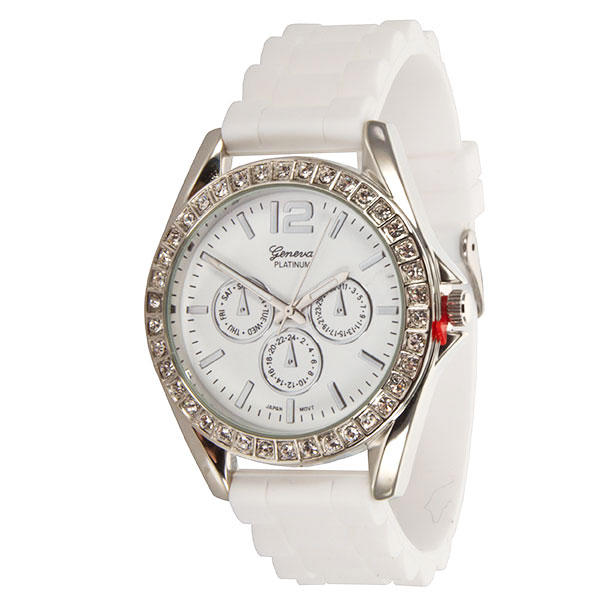 Wholesale wHITE LARGER Silicone stone rubber watch band crystal rhinestones surr