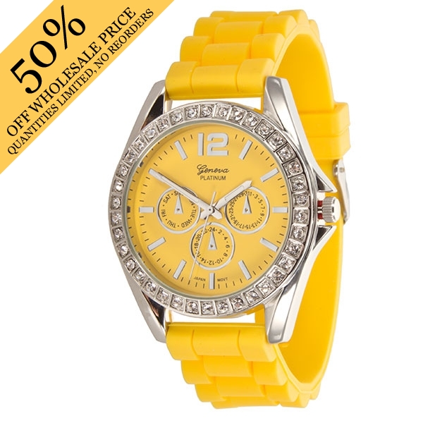 Wholesale yELLOW LARGER Silicone stone rubber watch band crystal rhinestones sur