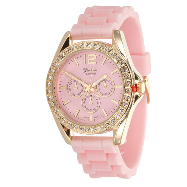 Wholesale lIGHT PINK gold detail LARGER Silicone stone rubber watch band crystal