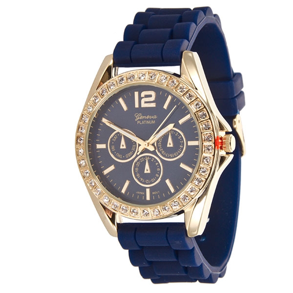 Wholesale nAVY gold detail LARGER Silicone stone rubber watch band crystal rhine