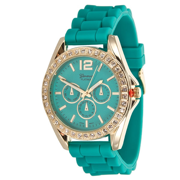 Wholesale tEAL Gold Trim LARGER Silicone stone rubber watch band crystal rhinest